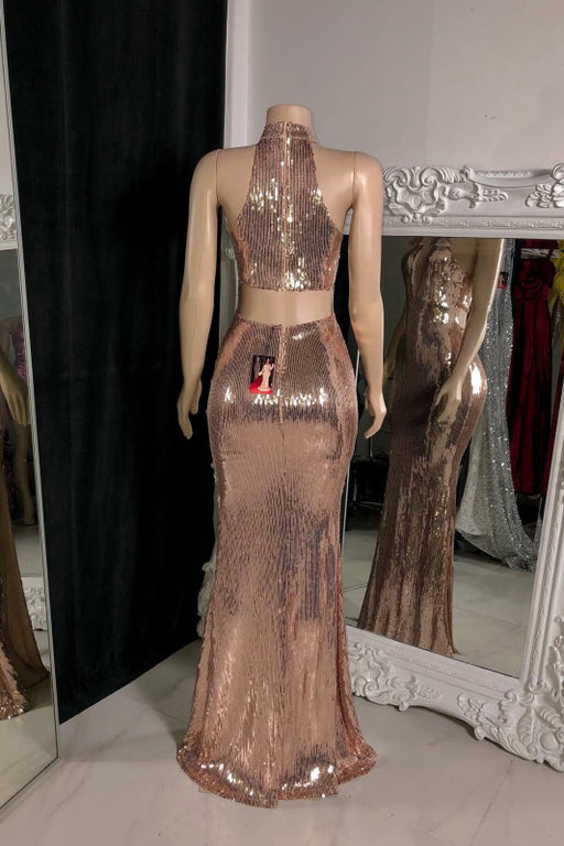 Rose Sleeveless Halter Prom Dress with Sequins and Long Slit