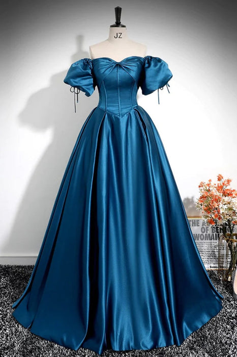 Royal Blue A-Line Pleated Off-The-Shoulder Prom Dress