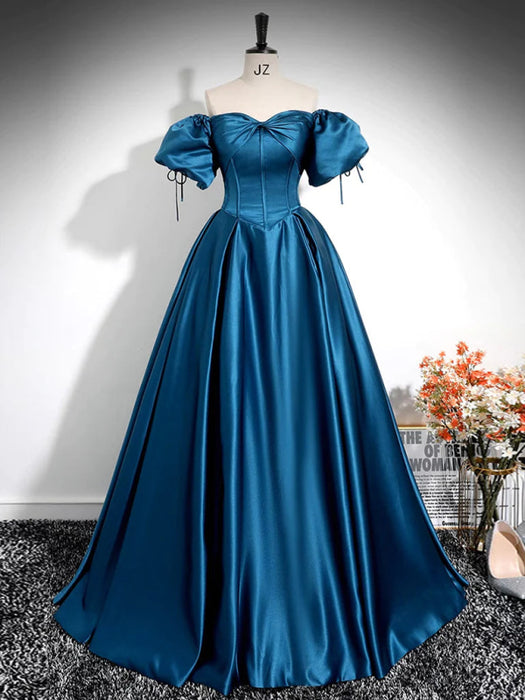 Royal Blue A-Line Pleated Off-The-Shoulder Prom Dress