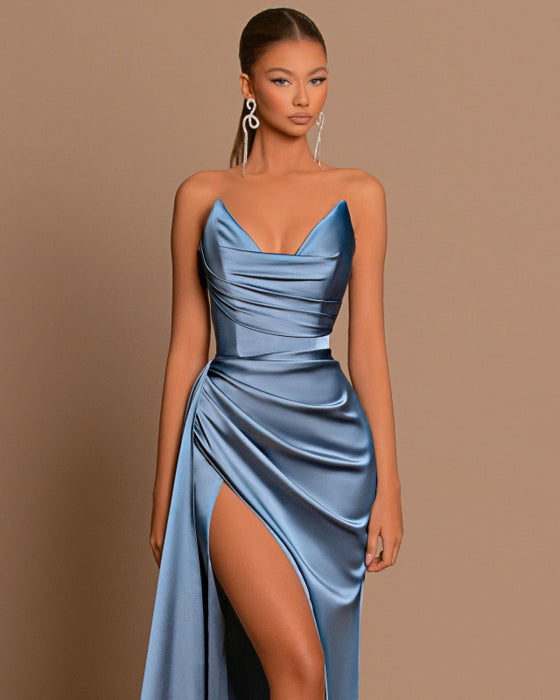 Royal Blue Charmeuse Ball Gown with Elegant Slit Pleats