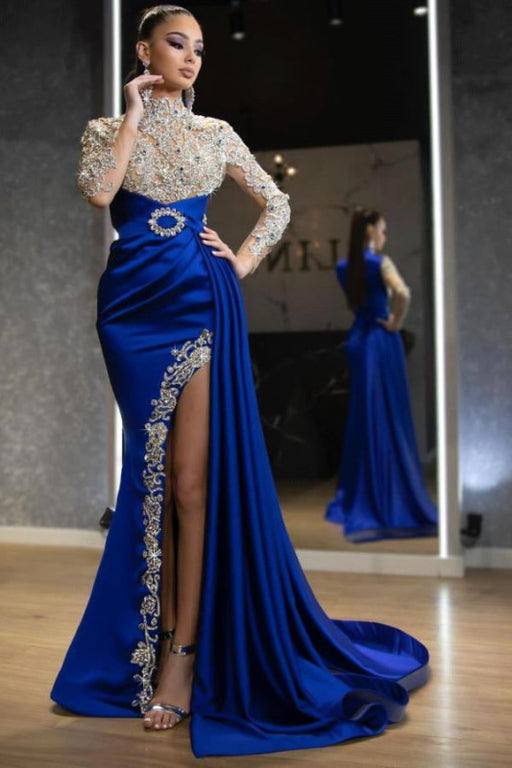 Royal Blue Elegance with Beaded Details and Ruffled Split Sleeves