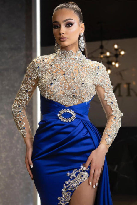 Royal Blue Elegance with Beaded Details and Ruffled Split Sleeves