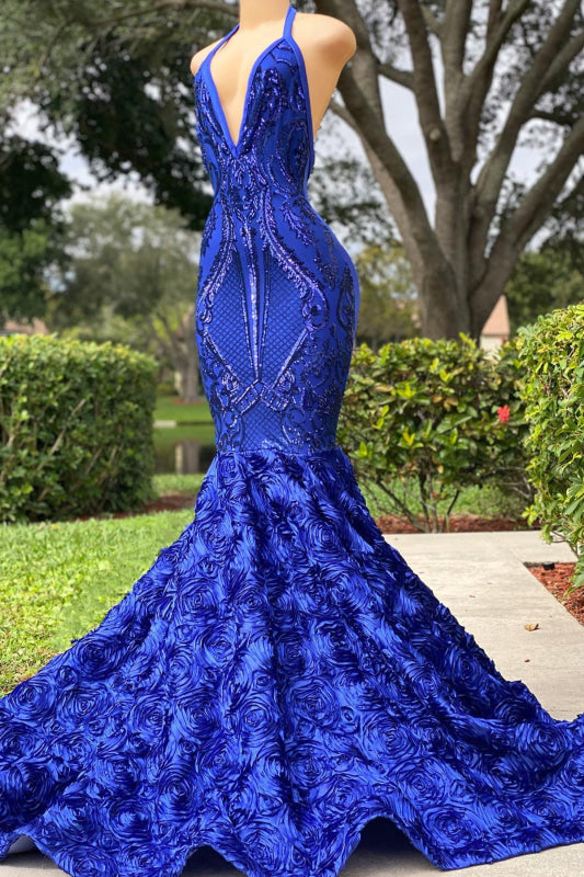 Royal Blue Halter V-Neck Open-Back Sleeveless Mermaid Prom Dress