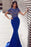 Royal Blue Jewel Short Sleeves Long Mermaid Prom Dress Lace Appliques Tulle