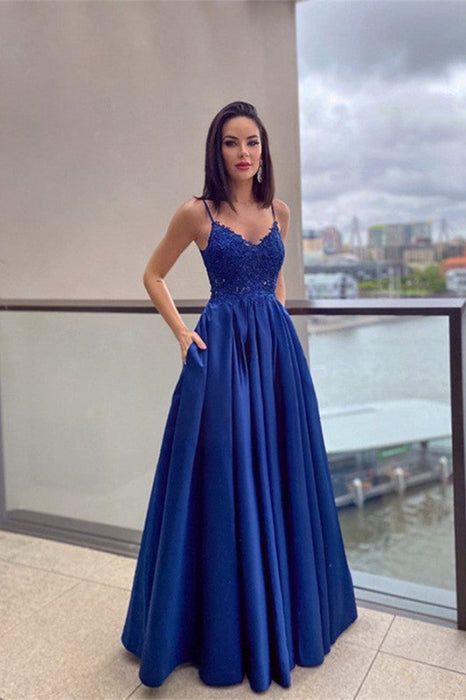 Royal Blue Lace Appliques Prom Dress with Pockets