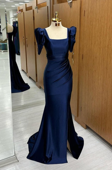 Royal Blue Long Mermaid Prom Dress with Bubble Sleeves and Square Neckline Slit