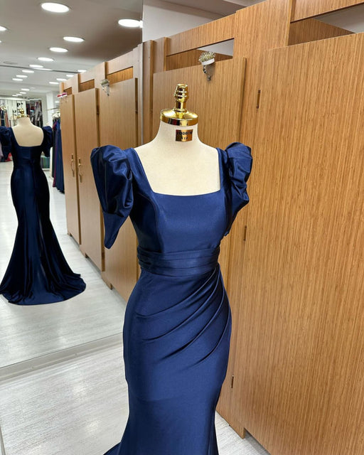 Royal Blue Long Mermaid Prom Dress with Bubble Sleeves and Square Neckline Slit