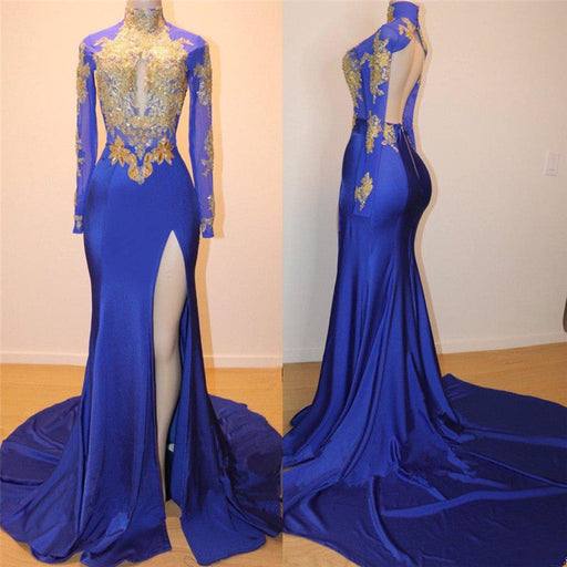 Royal Blue Long Sleeve Prom Dress with Slit