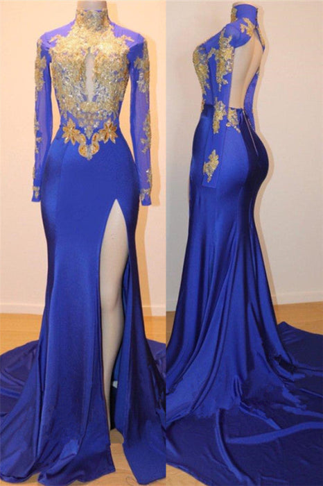 Royal Blue Long Sleeve Prom Dress with Slit