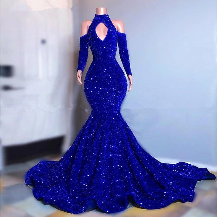 Royal Blue Long Sleeves Mermaid Prom Dress High Collar with Sequins