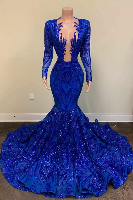 Royal Blue Long Sleeves Mermaid Prom Dress with Heavy Appliques