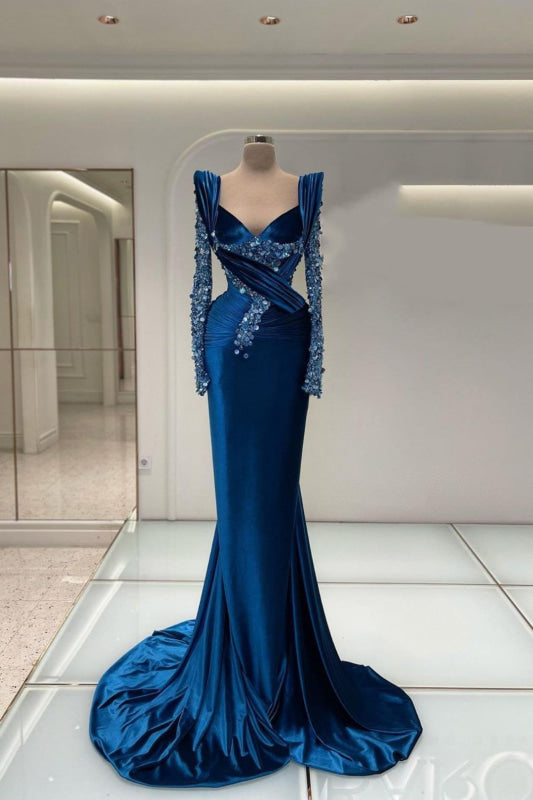 Royal Blue Mermaid Prom Dress with Elegant Long Sleeves and Sparkling Beadwork