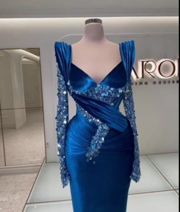 Royal Blue Mermaid Prom Dress with Elegant Long Sleeves and Sparkling Beadwork