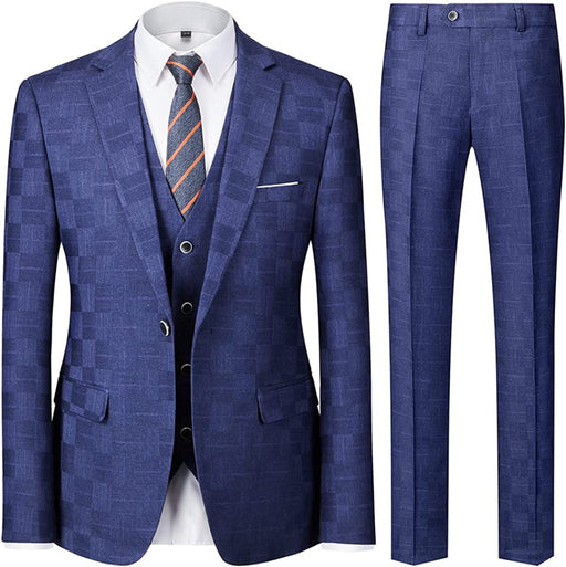 Macy Bespoke Royal Blue Notched Lapel Three Pieces Plaid Suits For Business