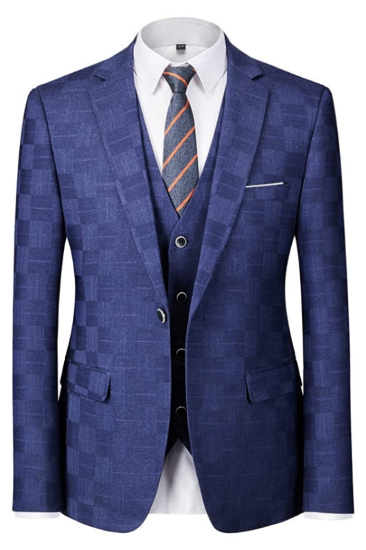 Macy Bespoke Royal Blue Notched Lapel Three Pieces Plaid Suits For Business