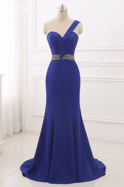 Royal Blue One-Shoulder Prom Dress with Mermaid Long Backless Beaded Design