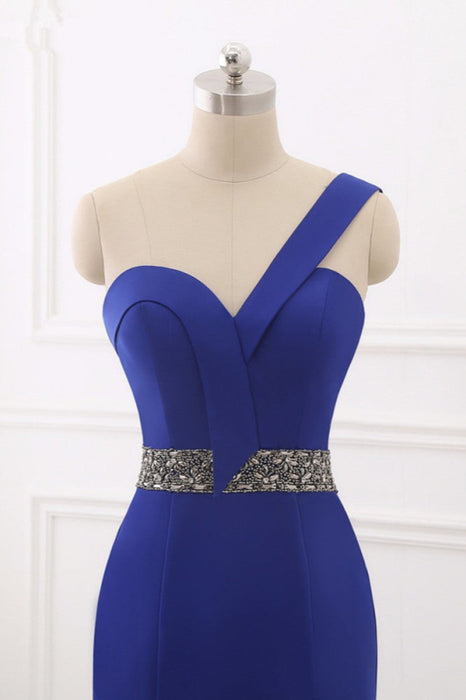 Royal Blue One-Shoulder Prom Dress with Mermaid Long Backless Beaded Design