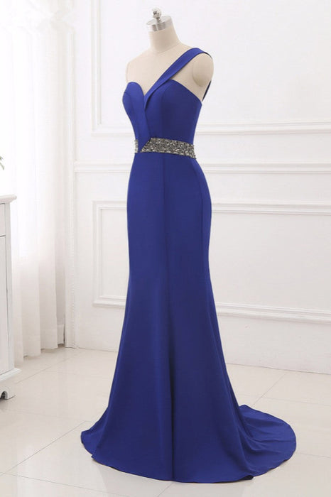 Royal Blue One-Shoulder Prom Dress with Mermaid Long Backless Beaded Design