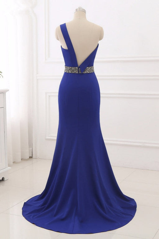 Royal Blue One-Shoulder Prom Dress with Mermaid Long Backless Beaded Design