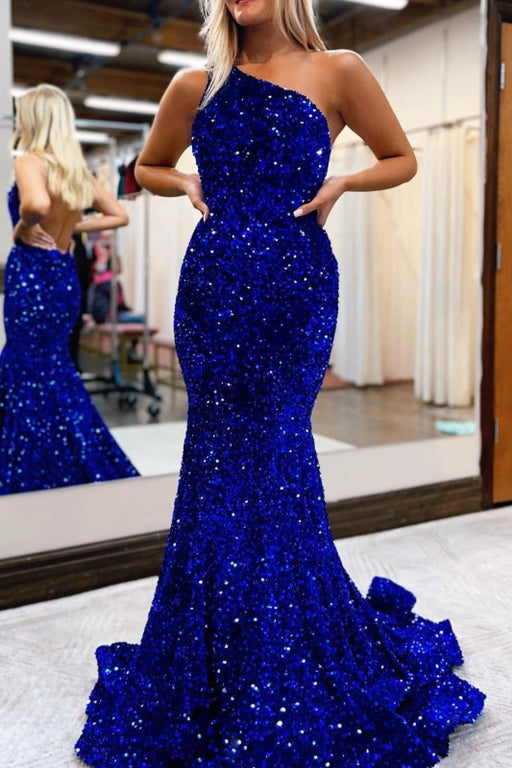 Royal Blue One-Shoulder Sequined Mermaid Prom Dress