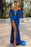 Royal Blue Prom Dress Off-the-Shoulder Long Sleeves with High Slit