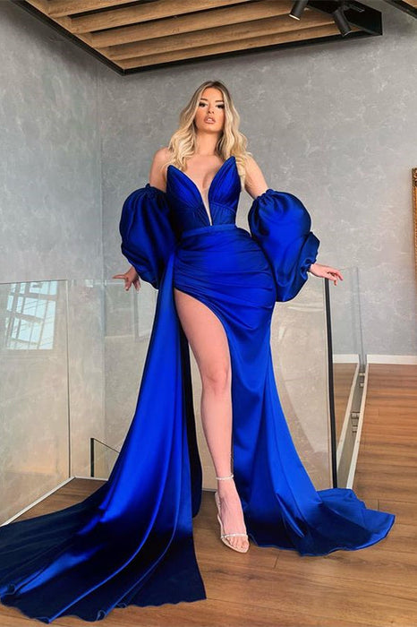 Royal Blue Removable Sleeves Mermaid Prom Dress with Slit