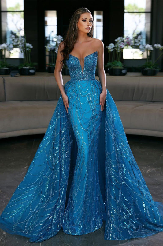 Royal Blue Sequin Embellished Sleeveless Strapless Evening Gown