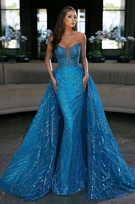 Royal Blue Sequin Sleeveless Strapless Long Evening Prom Dress