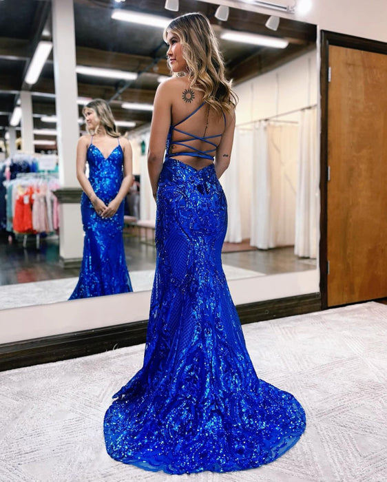 Royal Blue Sequin V Neck Backless Prom Dress