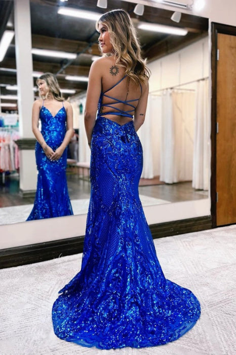 Royal Blue Sequin V Neck Backless Prom Dress