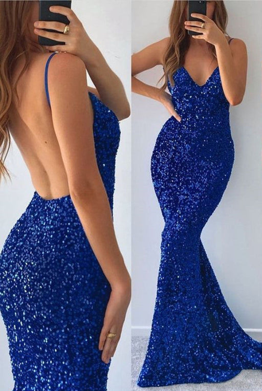 Royal Blue Sequined Spaghetti-Straps V-Neck Mermaid Prom Dress with Split