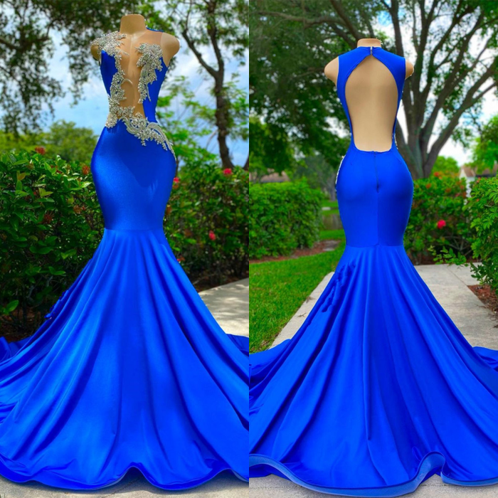 Royal Blue Sleeveless Sexy Cut Out Appliques Mermaid Prom Dress