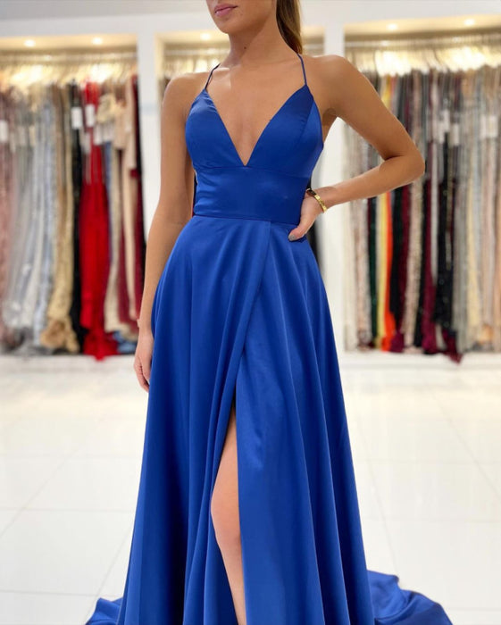 Royal Blue Spaghetti Strap V-Neck Prom Dress with Slit