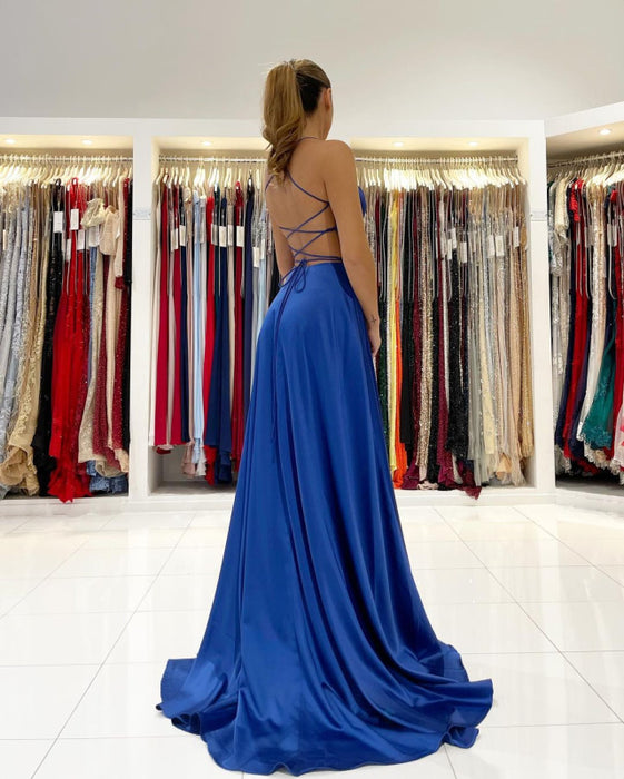 Royal Blue Spaghetti Strap V-Neck Prom Dress with Slit