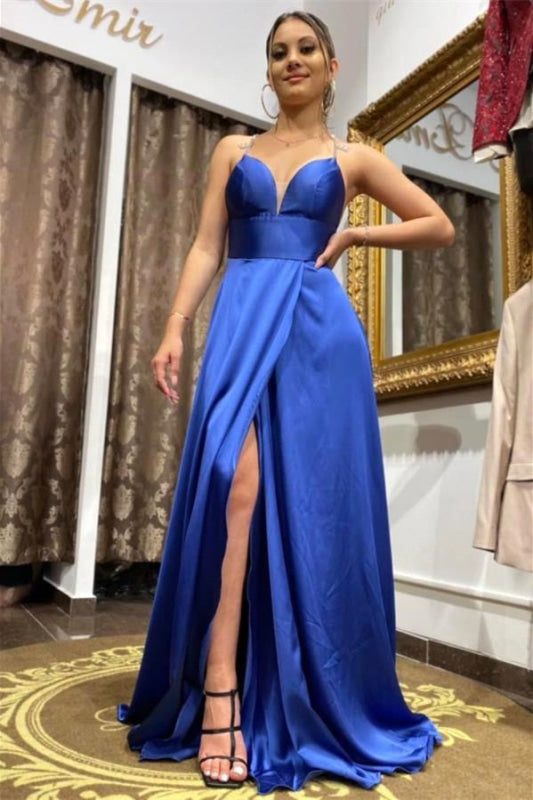 Royal Blue Spaghetti-Straps Long Prom Dress with Split