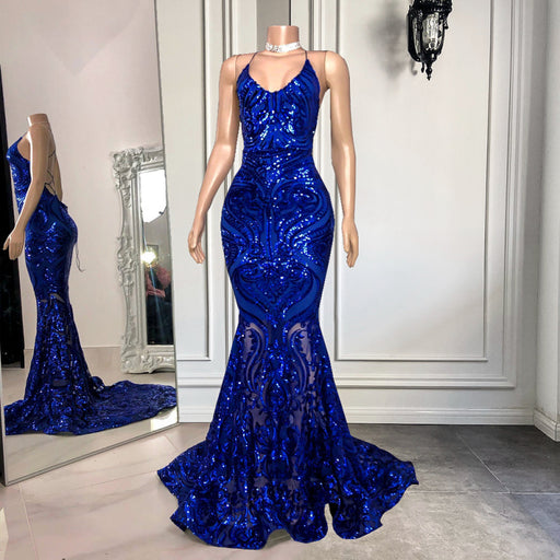 Royal Blue Spaghetti-Straps Mermaid Long Prom Dress with Sequins