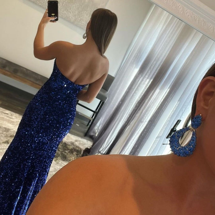 Royal Blue Strapless Mermaid Prom Dress Split with Sequins