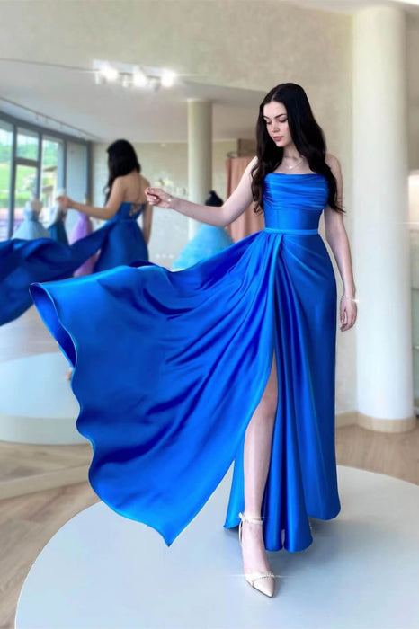 Royal Blue Strapless Sleeveless Prom Dress with Split