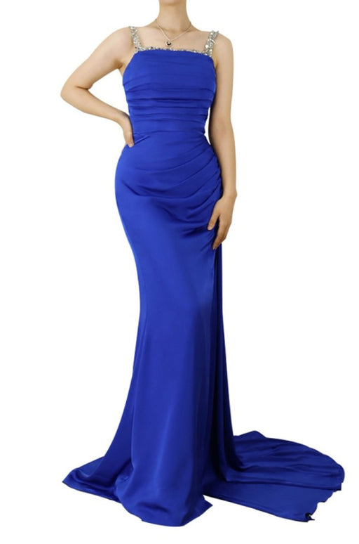 Royal Blue Sweetheart Long Prom Dress with Slit and Pleated Sleeveless Design