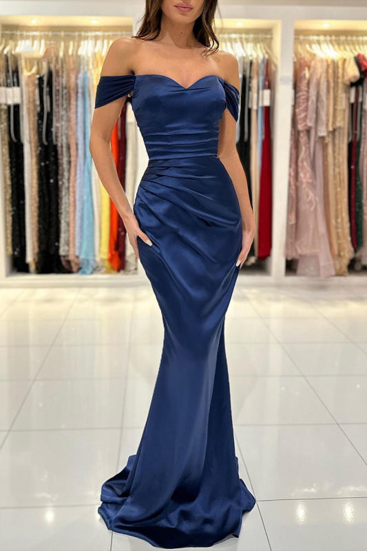 Royal Blue Sweetheart Off-the-Shoulder Long Prom Formal Dress with Pleats