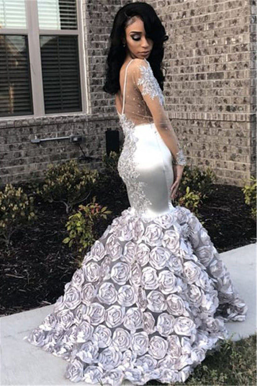 Royal Silver Long Sleeve Flower Appliqued Mermaid Prom Dress