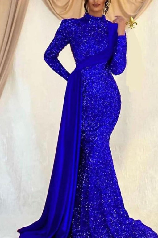 Ruffle Sequins Long Sleeves Mermaid Prom High Collar Dress