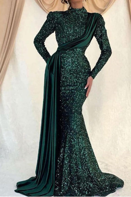 Ruffle Sequins Long Sleeves Mermaid Prom High Collar Dress