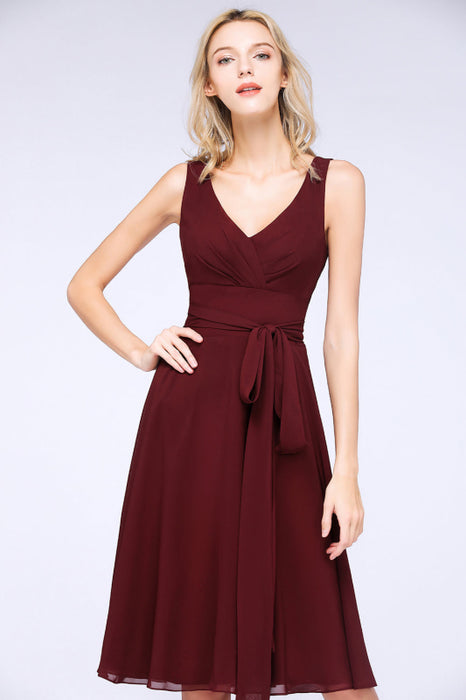 Bridelily Elegant Straps V-Neck  Ruffle Short Burgundy Bridesmaid Dress with Bow Sash