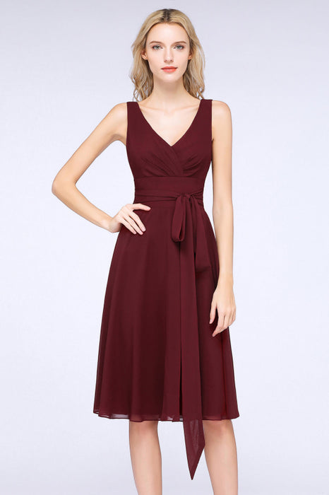 Bridelily Elegant Straps V-Neck  Ruffle Short Burgundy Bridesmaid Dress with Bow Sash