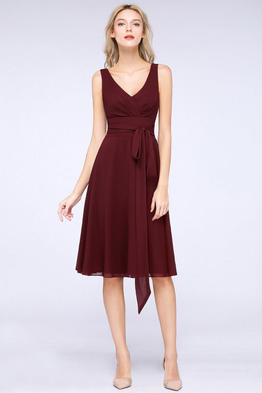 Bridelily Elegant Straps V-Neck  Ruffle Short Burgundy Bridesmaid Dress with Bow Sash