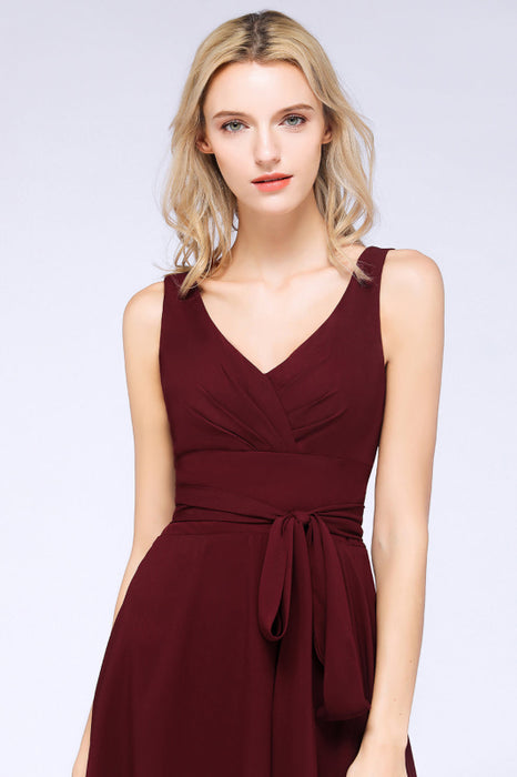 Bridelily Elegant Straps V-Neck  Ruffle Short Burgundy Bridesmaid Dress with Bow Sash