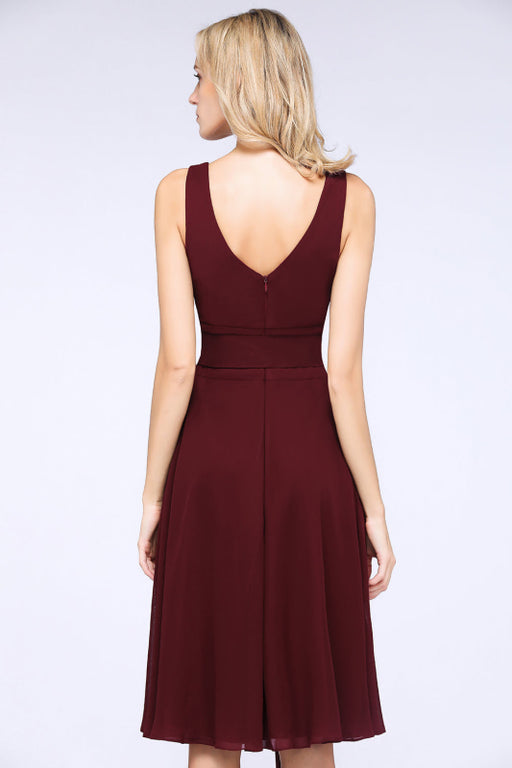 Bridelily Elegant Straps V-Neck  Ruffle Short Burgundy Bridesmaid Dress with Bow Sash