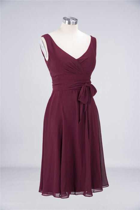 Bridelily Elegant Straps V-Neck  Ruffle Short Burgundy Bridesmaid Dress with Bow Sash