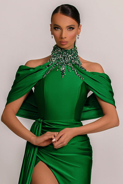 Sage Green Prom Dress with Pleated Halter, Split, and Rhinestone